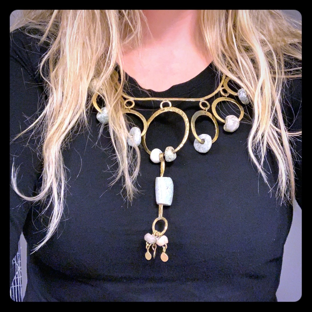 African Brass Modernist Statement Necklace w/ Green Stones
